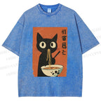 Unisex Japanese Ramen Cat Printed Washed Tee