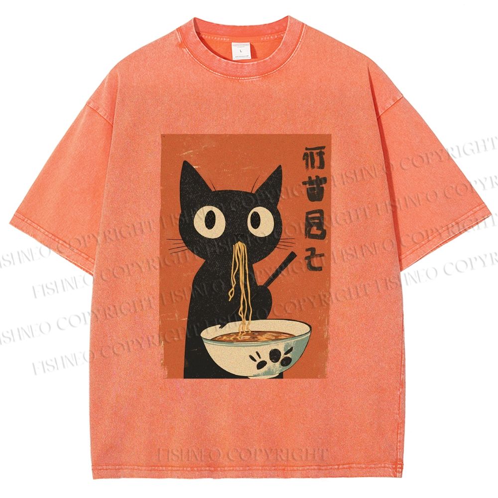 Unisex Japanese Ramen Cat Printed Washed Tee