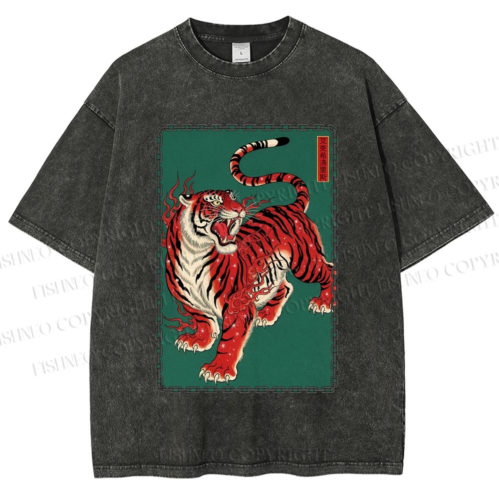 Unisex Japanese Ukiyo-e Red Tiger Printed Washed Tee