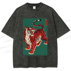 Unisex Japanese Ukiyo-e Red Tiger Printed Washed Tee