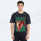 Unisex Japanese Ukiyo-e Red Tiger Printed Washed Tee