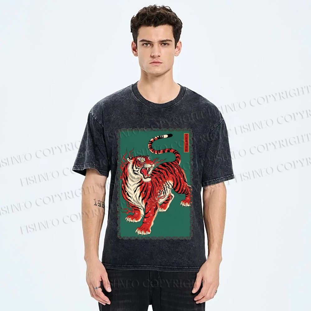 Unisex Japanese Ukiyo-e Red Tiger Printed Washed Tee