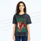 Unisex Japanese Ukiyo-e Red Tiger Printed Washed Tee