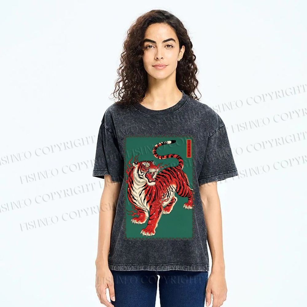 Unisex Japanese Ukiyo-e Red Tiger Printed Washed Tee