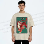 Unisex Japanese Ukiyo-e Red Tiger Printed Washed Tee