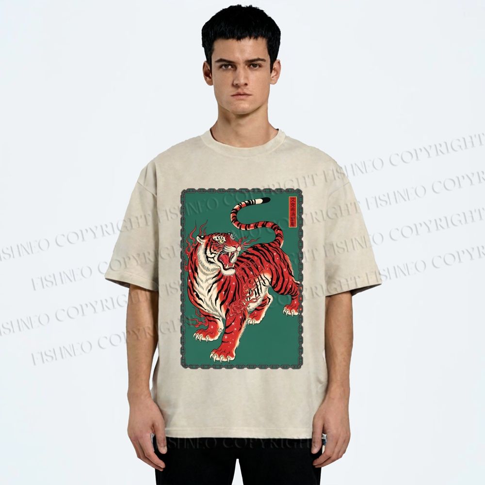 Unisex Japanese Ukiyo-e Red Tiger Printed Washed Tee