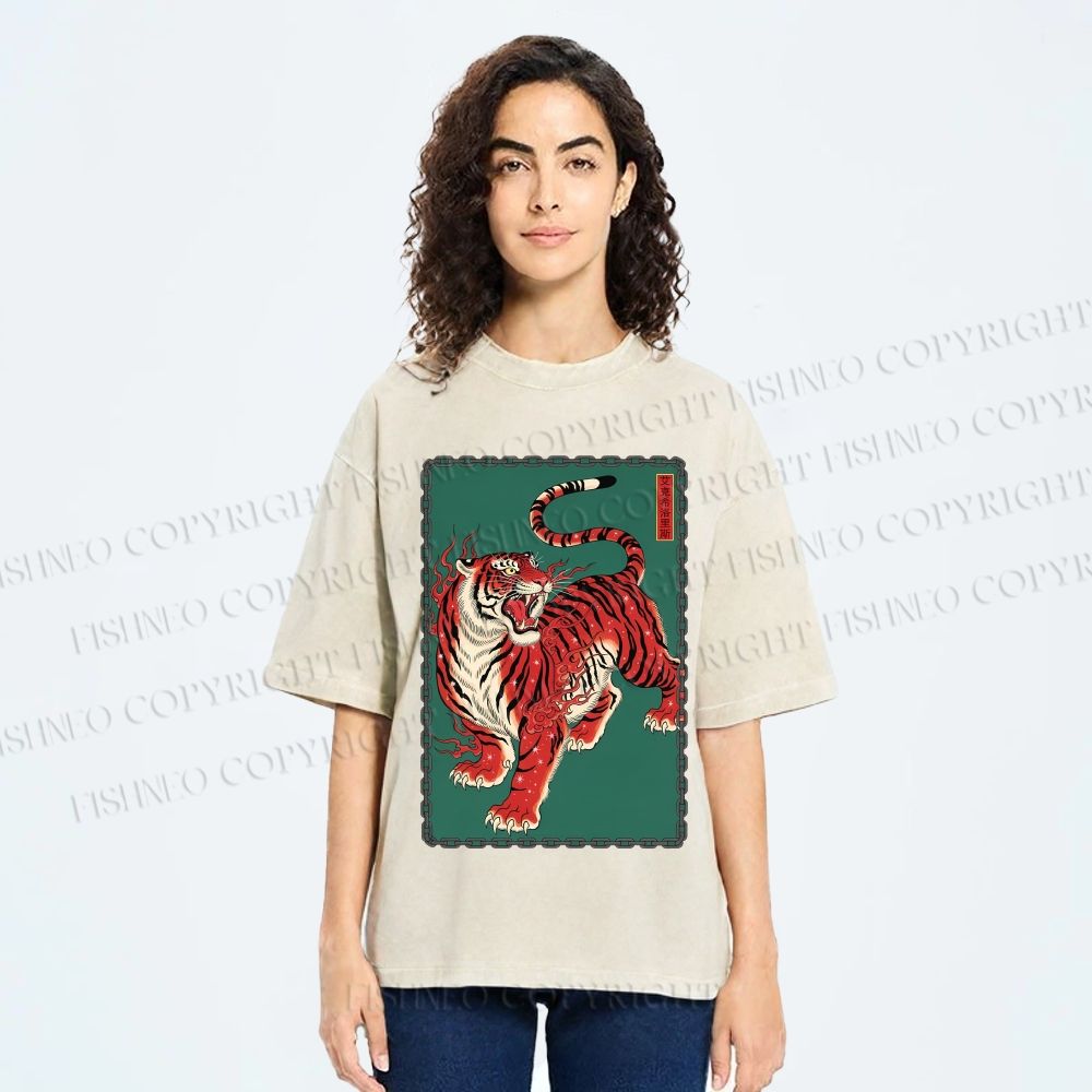 Unisex Japanese Ukiyo-e Red Tiger Printed Washed Tee