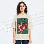 Unisex Japanese Ukiyo-e Red Tiger Printed Washed Tee