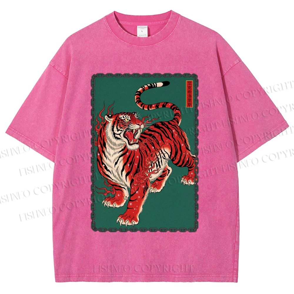 Unisex Japanese Ukiyo-e Red Tiger Printed Washed Tee