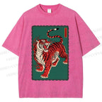 Unisex Japanese Ukiyo-e Red Tiger Printed Washed Tee