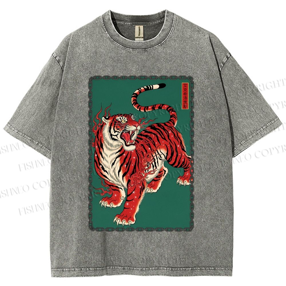 Unisex Japanese Ukiyo-e Red Tiger Printed Washed Tee