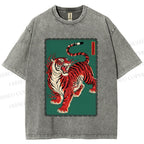 Unisex Japanese Ukiyo-e Red Tiger Printed Washed Tee