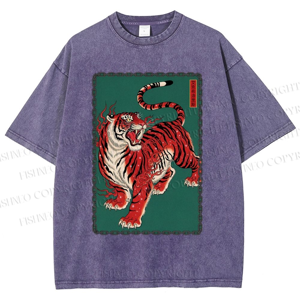 Unisex Japanese Ukiyo-e Red Tiger Printed Washed Tee