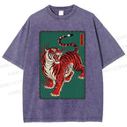 Unisex Japanese Ukiyo-e Red Tiger Printed Washed Tee
