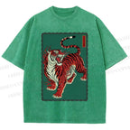 Unisex Japanese Ukiyo-e Red Tiger Printed Washed Tee