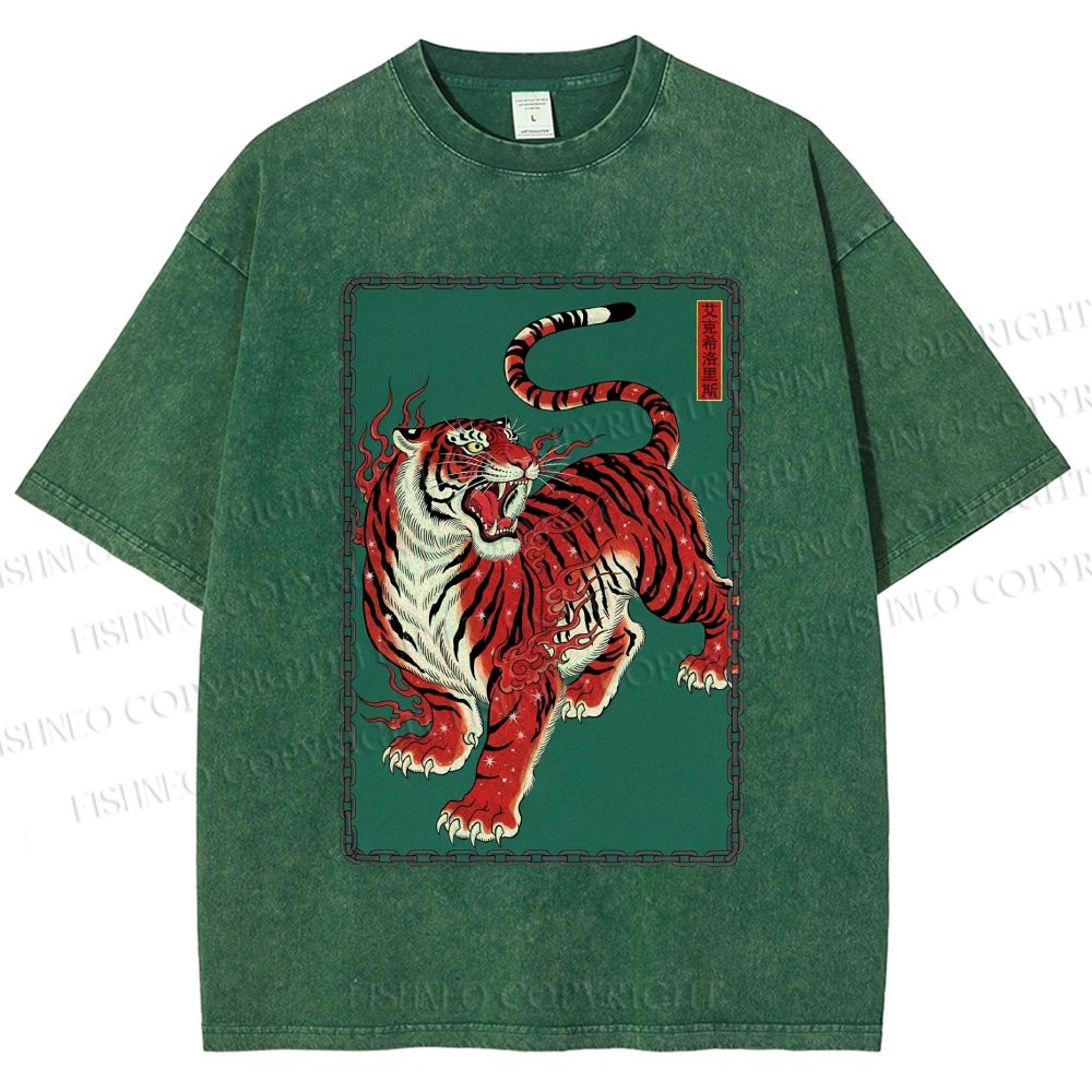 Unisex Japanese Ukiyo-e Red Tiger Printed Washed Tee