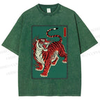 Unisex Japanese Ukiyo-e Red Tiger Printed Washed Tee