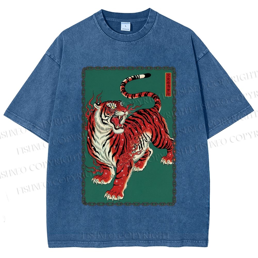 Unisex Japanese Ukiyo-e Red Tiger Printed Washed Tee