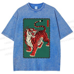 Unisex Japanese Ukiyo-e Red Tiger Printed Washed Tee