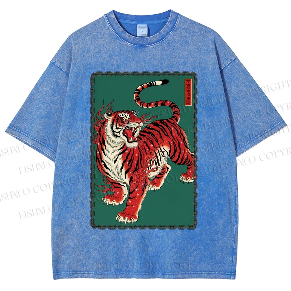 Unisex Japanese Ukiyo-e Red Tiger Printed Washed Tee