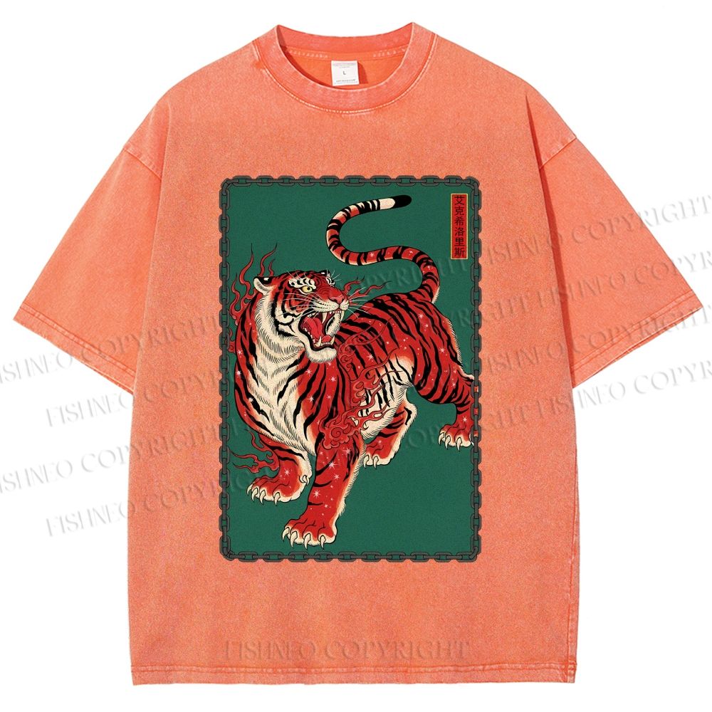Unisex Japanese Ukiyo-e Red Tiger Printed Washed Tee
