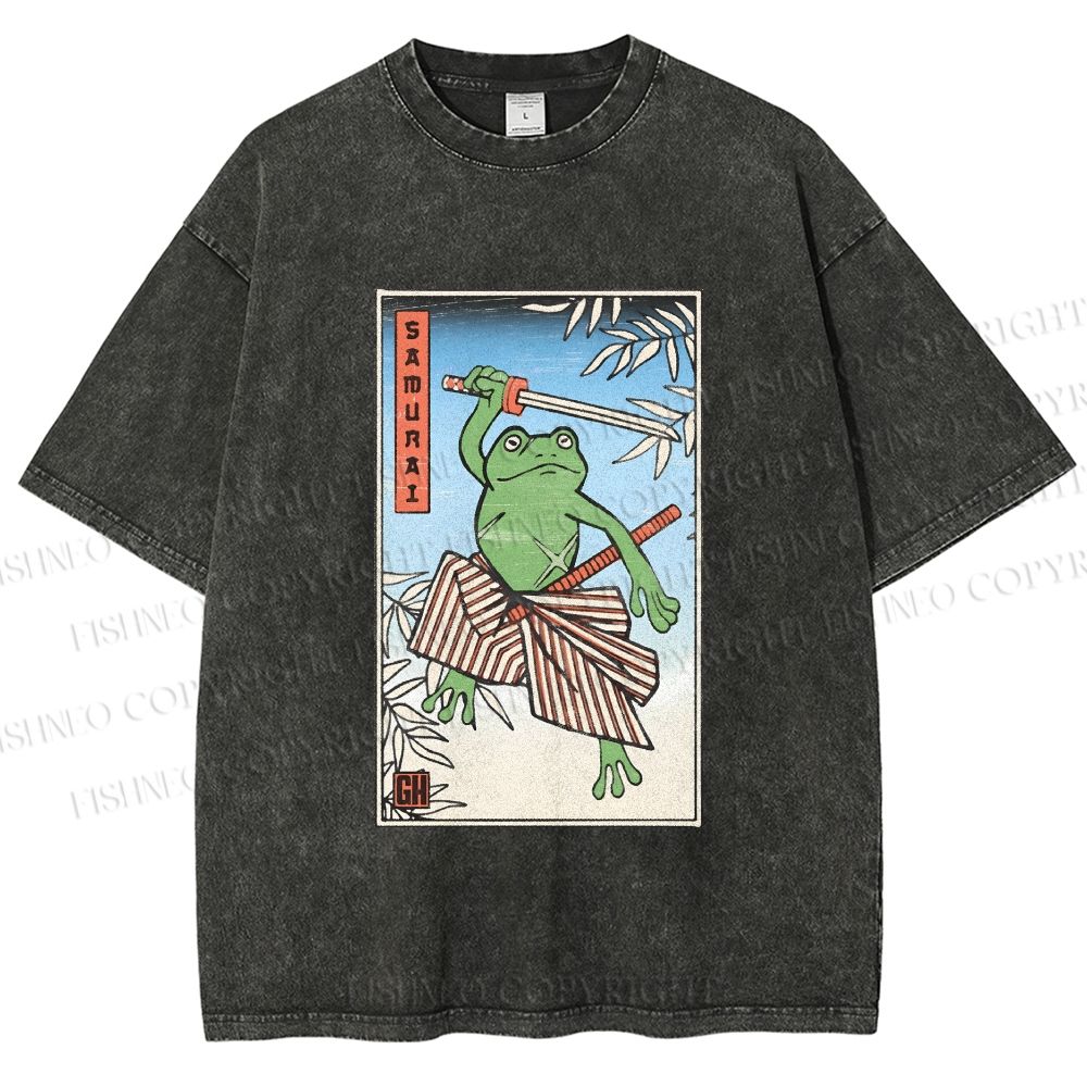 Unisex Vintage Japanese Frog Samurai Printed Washed Tee