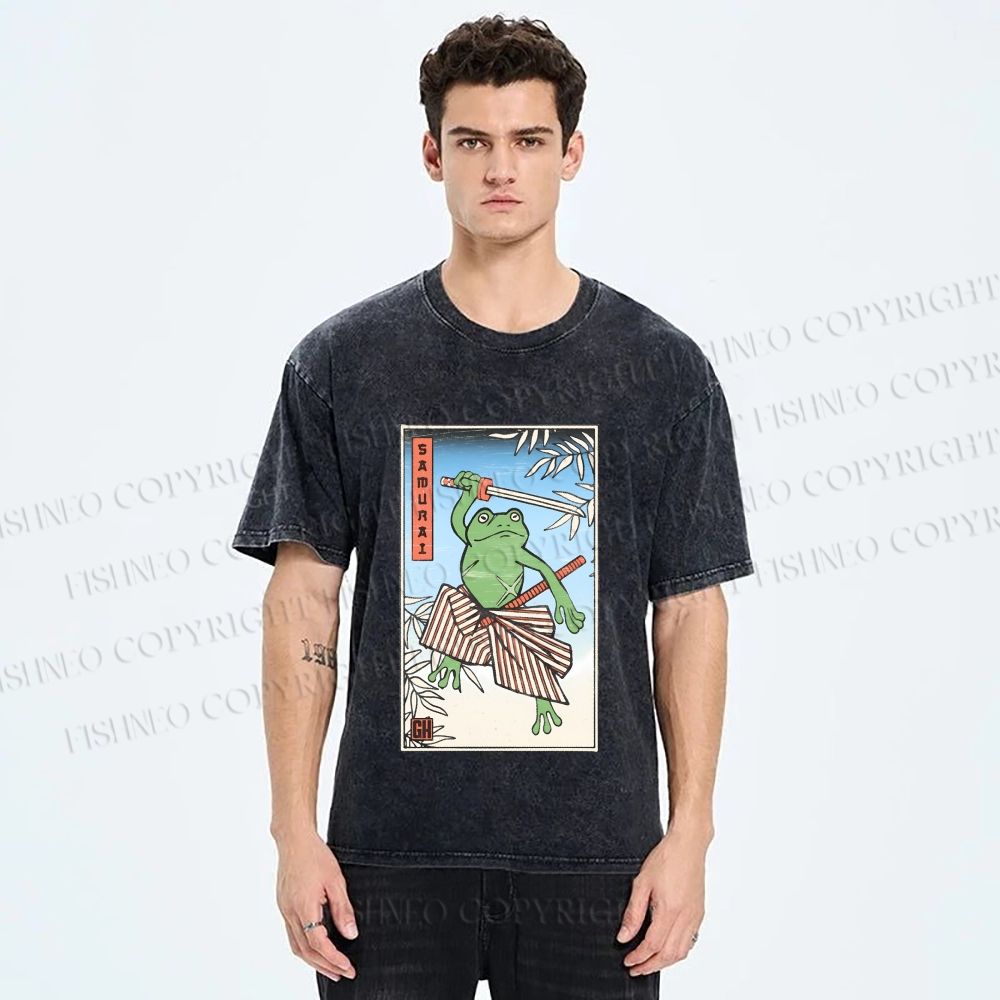 Unisex Vintage Japanese Frog Samurai Printed Washed Tee