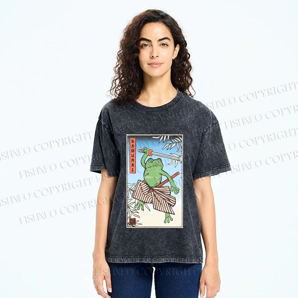 Unisex Vintage Japanese Frog Samurai Printed Washed Tee