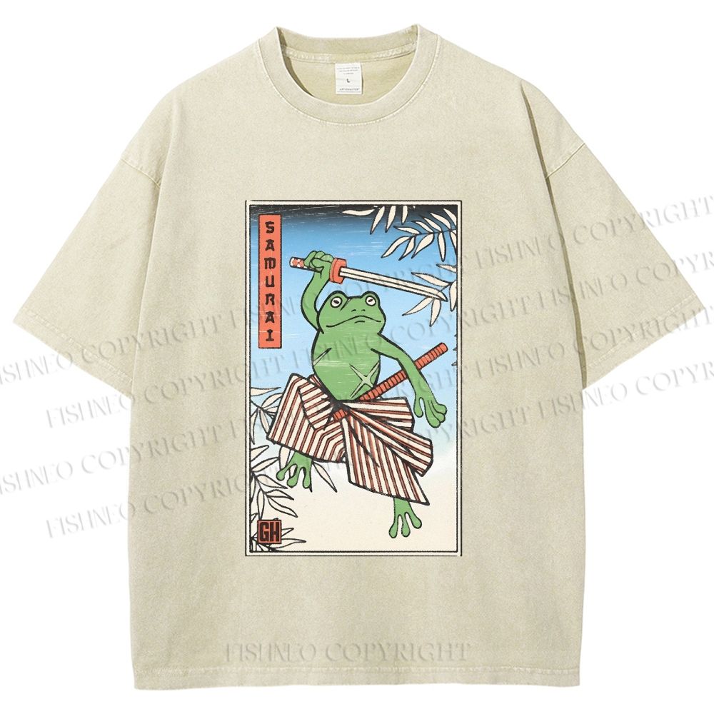 Unisex Vintage Japanese Frog Samurai Printed Washed Tee