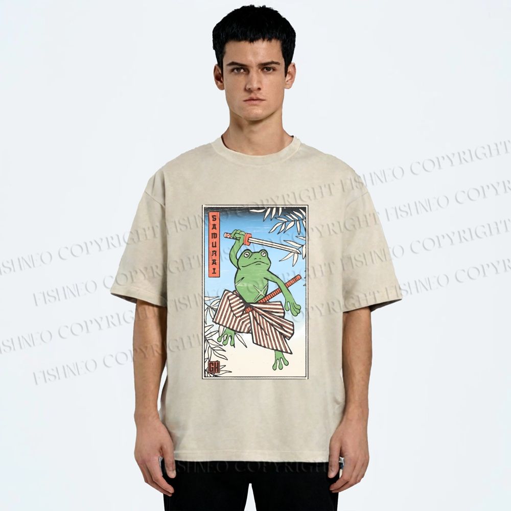 Unisex Vintage Japanese Frog Samurai Printed Washed Tee