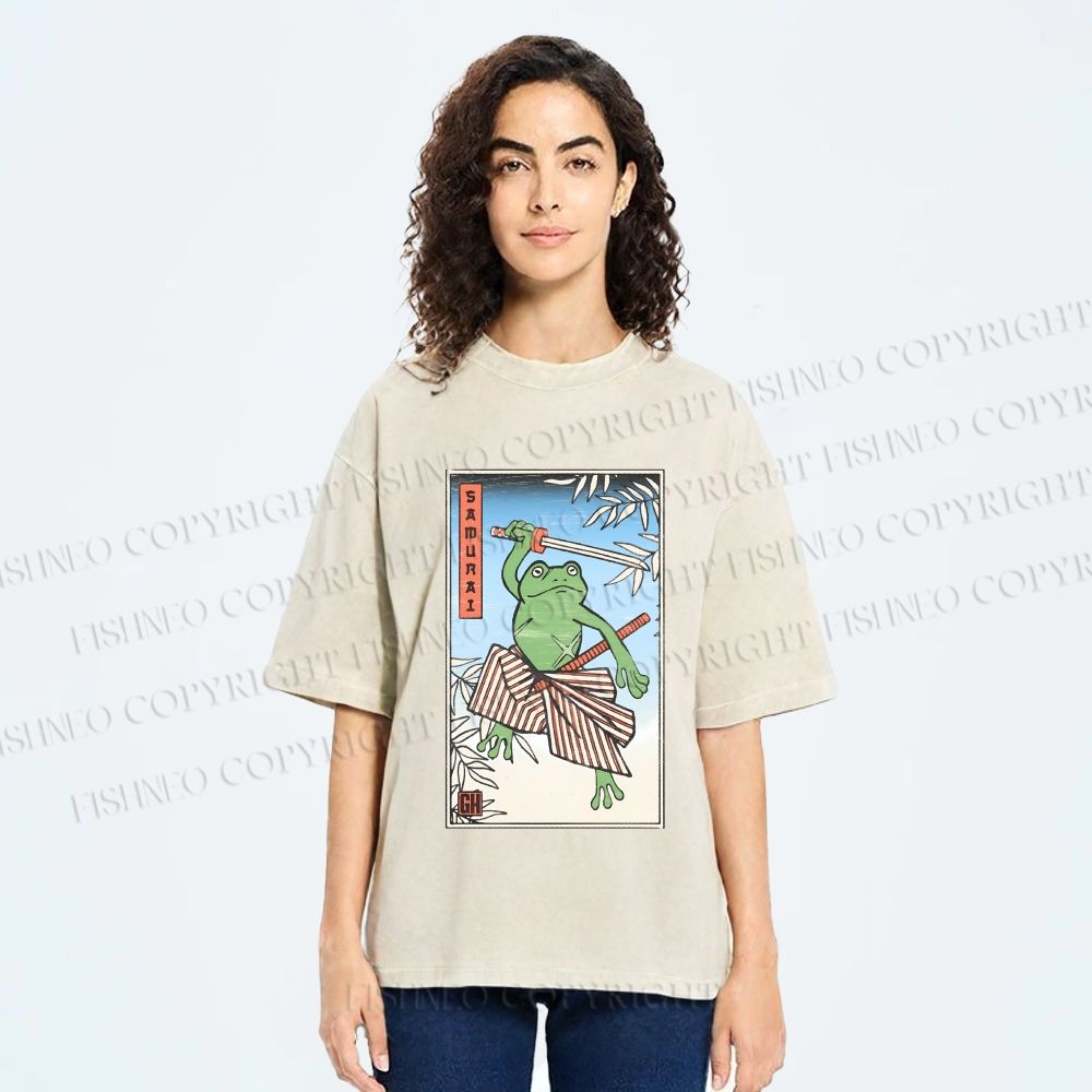 Unisex Vintage Japanese Frog Samurai Printed Washed Tee