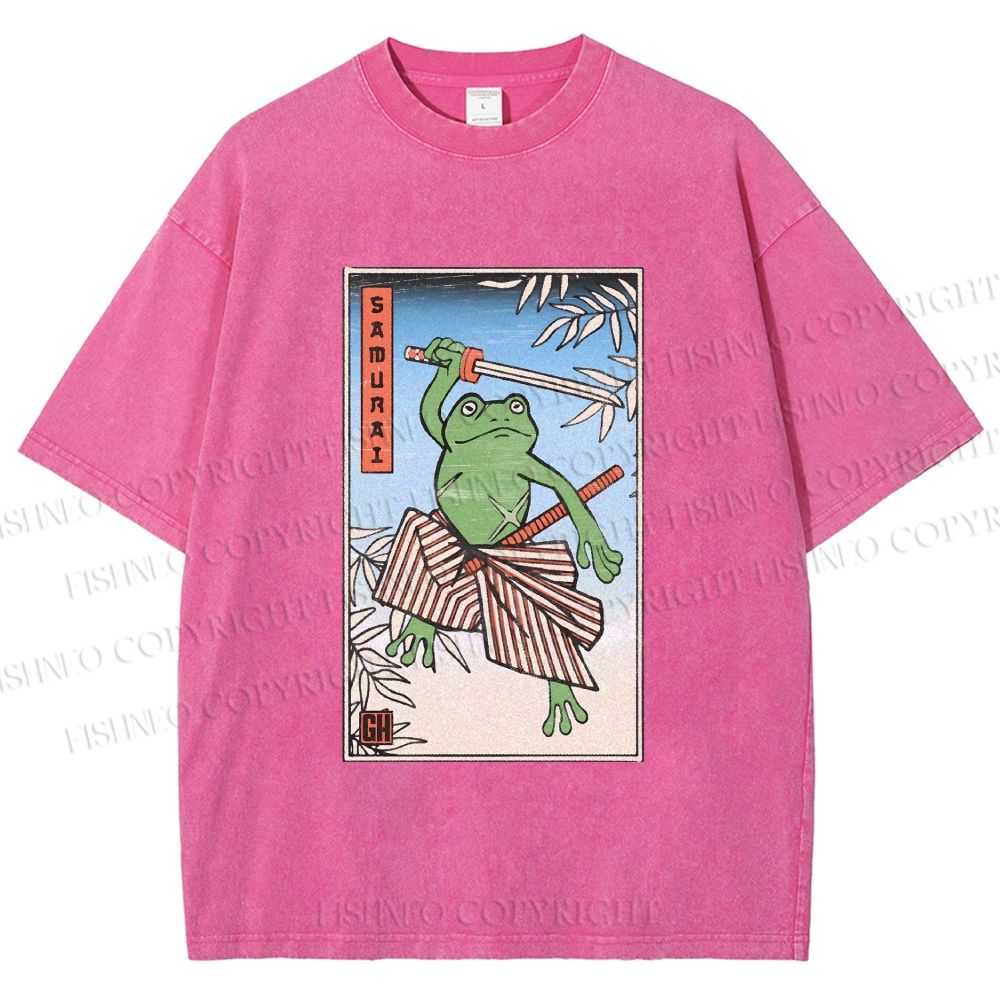 Unisex Vintage Japanese Frog Samurai Printed Washed Tee