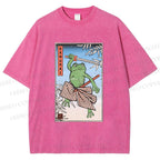 Unisex Vintage Japanese Frog Samurai Printed Washed Tee