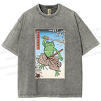 Unisex Vintage Japanese Frog Samurai Printed Washed Tee