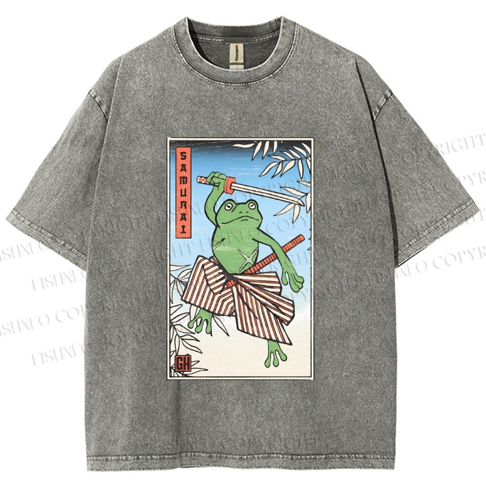 Unisex Vintage Japanese Frog Samurai Printed Washed Tee