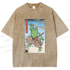 Unisex Vintage Japanese Frog Samurai Printed Washed Tee