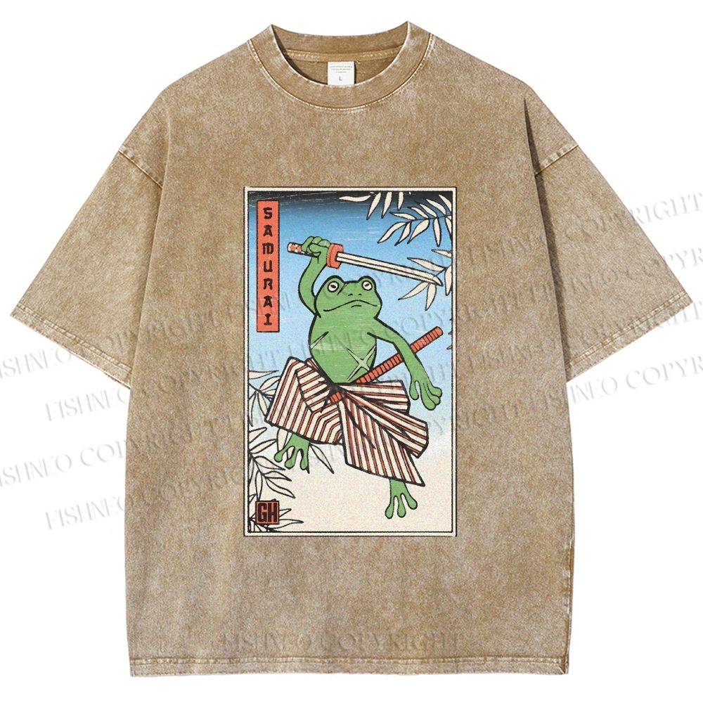 Unisex Vintage Japanese Frog Samurai Printed Washed Tee
