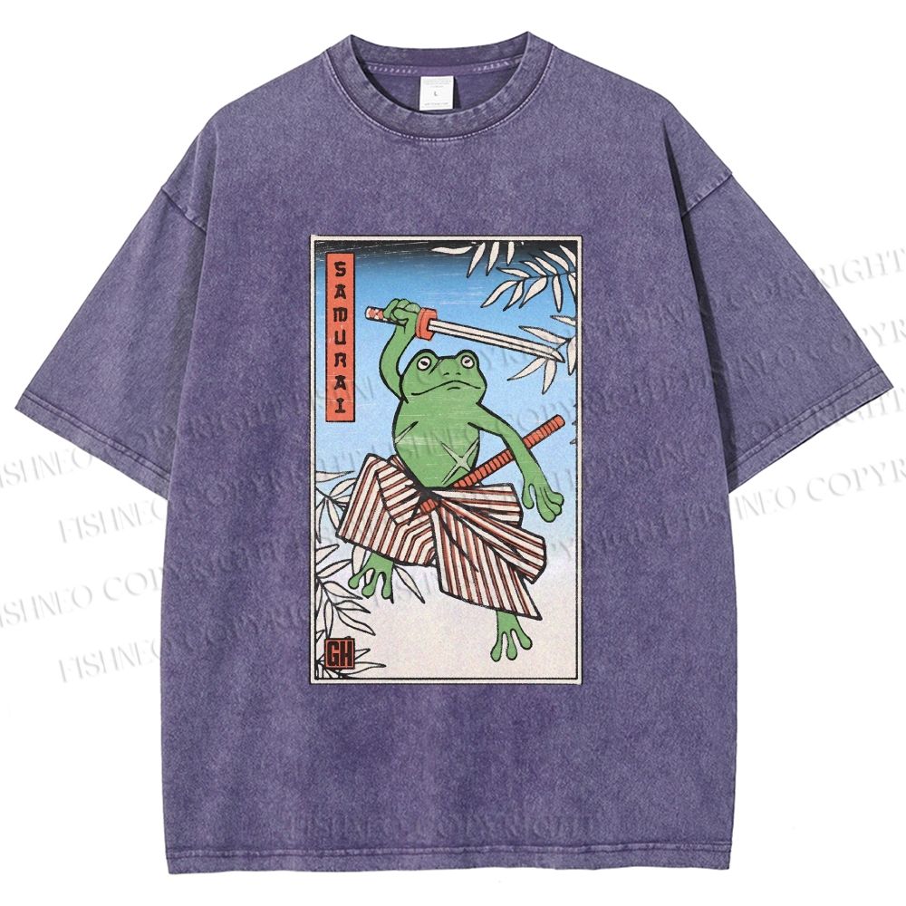 Unisex Vintage Japanese Frog Samurai Printed Washed Tee