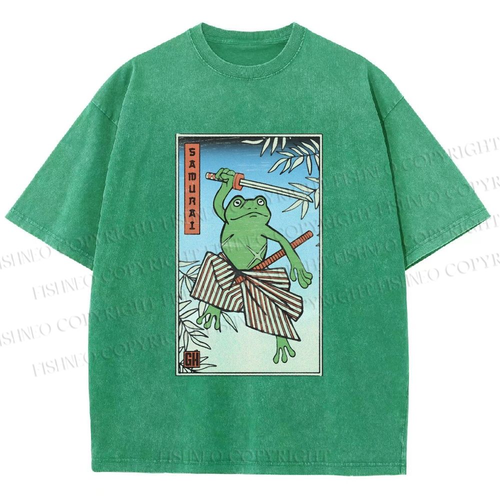Unisex Vintage Japanese Frog Samurai Printed Washed Tee