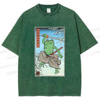 Unisex Vintage Japanese Frog Samurai Printed Washed Tee