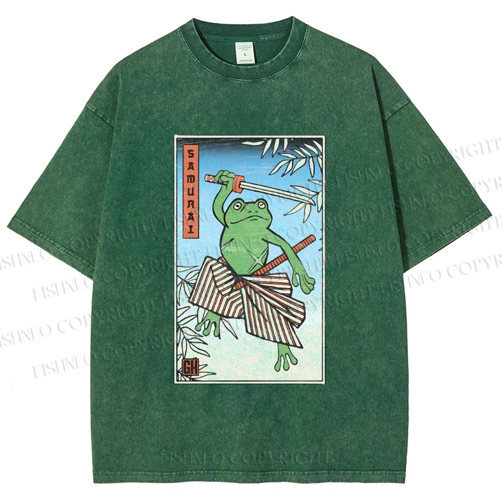 Unisex Vintage Japanese Frog Samurai Printed Washed Tee