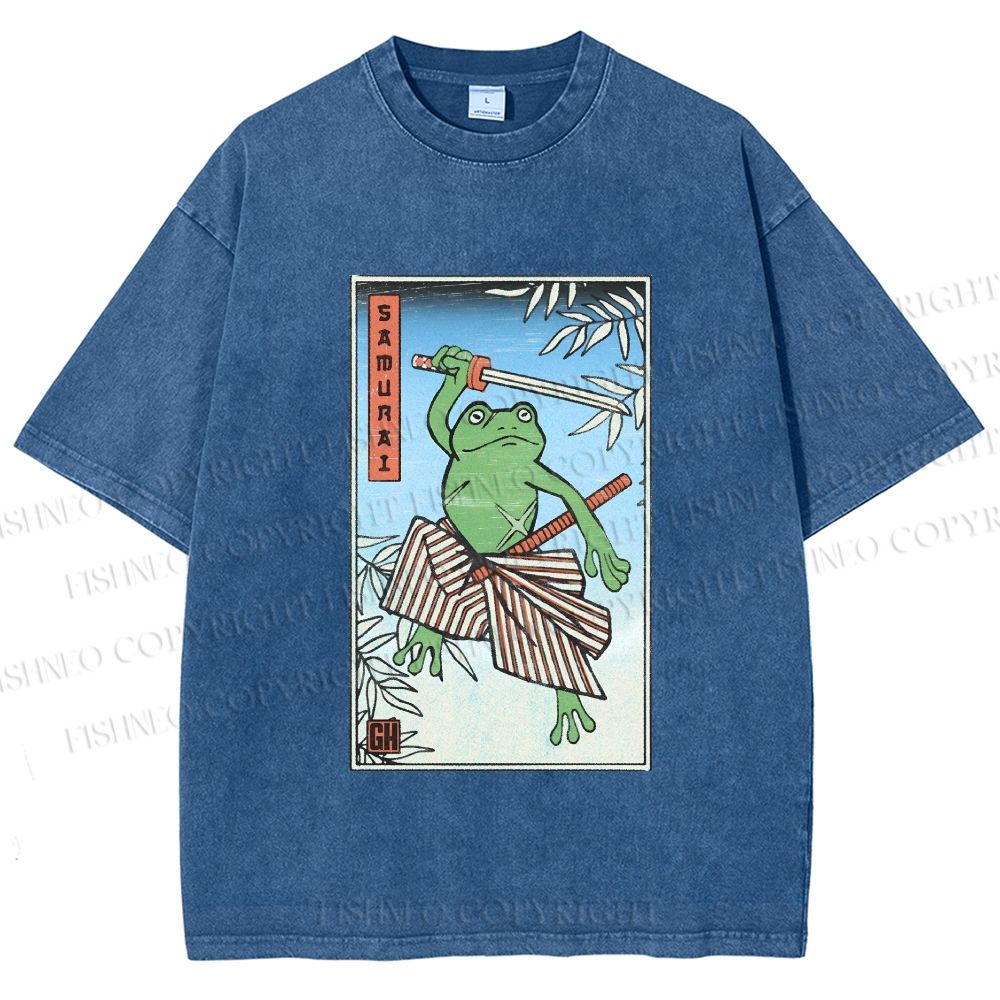 Unisex Vintage Japanese Frog Samurai Printed Washed Tee
