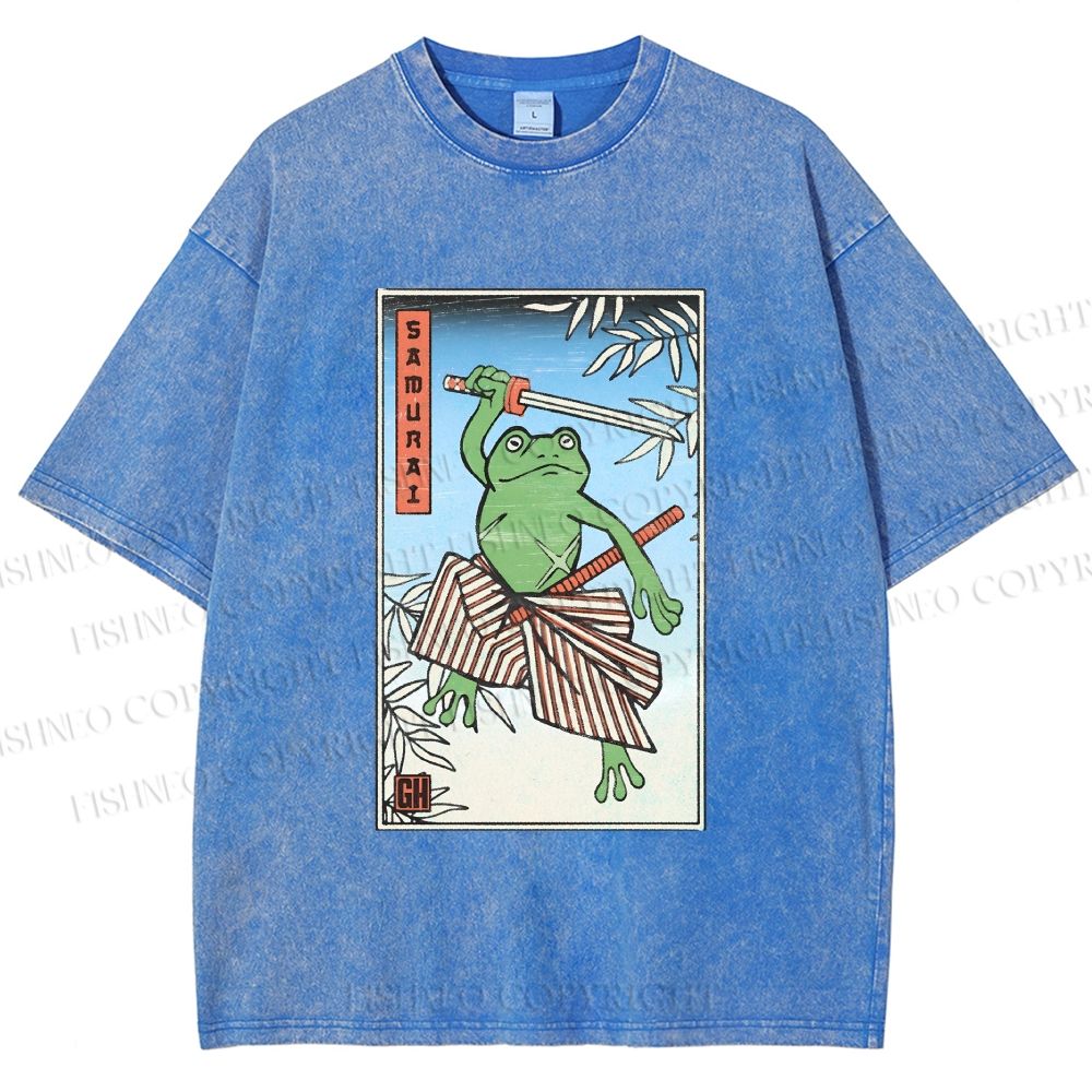 Unisex Vintage Japanese Frog Samurai Printed Washed Tee
