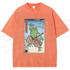 Unisex Vintage Japanese Frog Samurai Printed Washed Tee