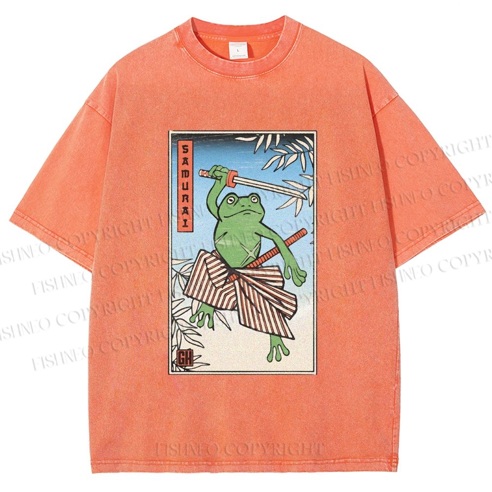 Unisex Vintage Japanese Frog Samurai Printed Washed Tee