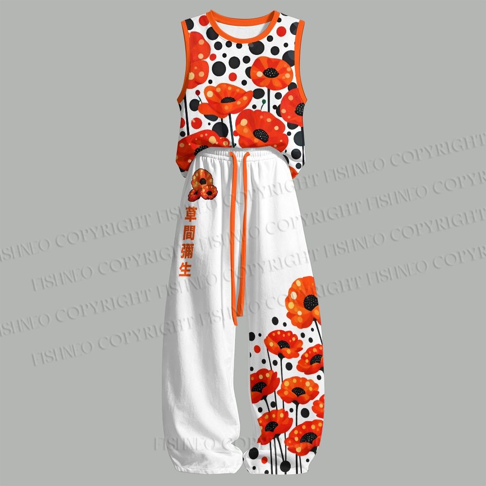 Unisex Japanese Yayoi Kusama Flower Loose Tank Top Set