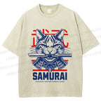 Unisex Samurai Cat Printed Washed Tee
