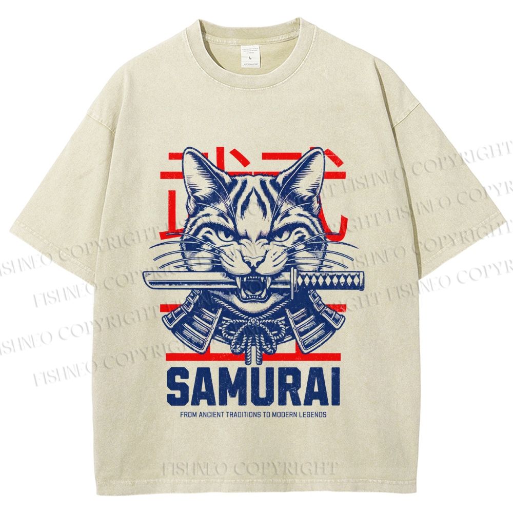 Unisex Samurai Cat Printed Washed Tee