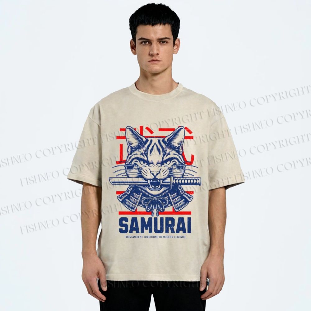 Unisex Samurai Cat Printed Washed Tee