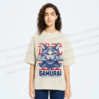Unisex Samurai Cat Printed Washed Tee